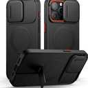 SURITCH for iPhone 15 Pro Max Case with Magnetic Camera Slide Cover and Adjustable Kickstand, Compatible with MagSafe, Shockproof Bumper Case Slim Protective Cover 6.7 Inch, Black