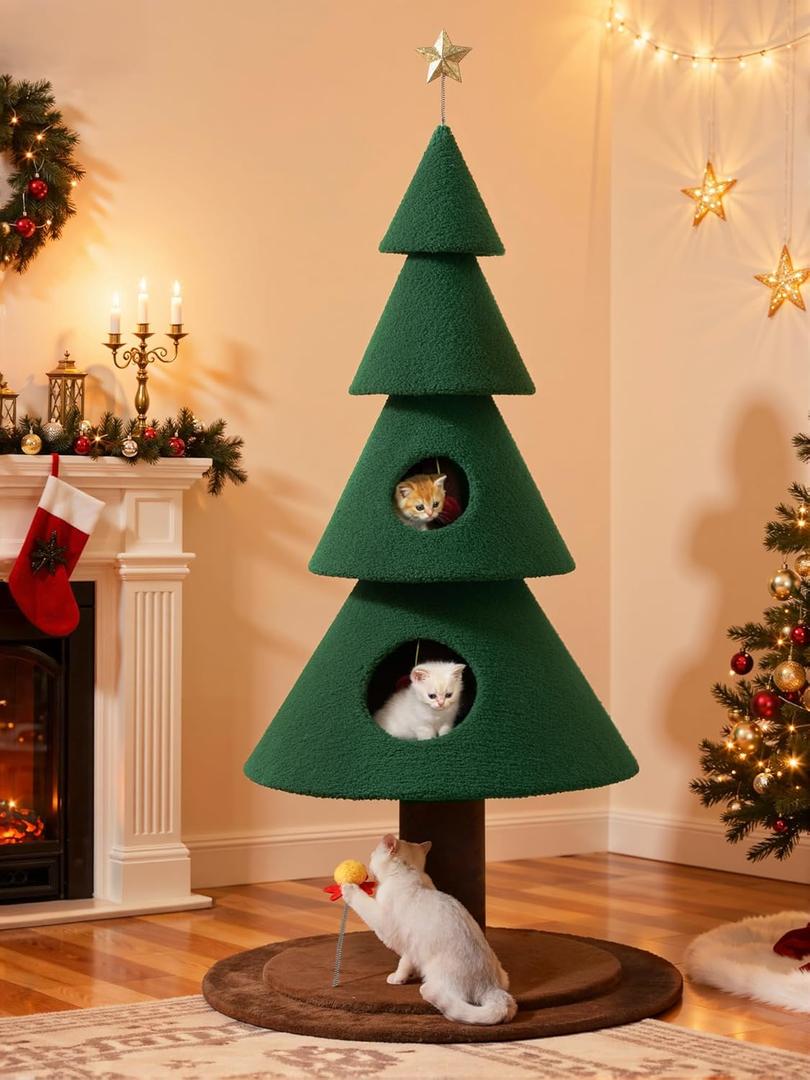 YITAHOME 60 in Christmas Cat Tree for Indoor Cats, Tall Cat Tower Furniture with 2 Large Condos, 5ft Christmas Tree Party Decoration with Cat House and Beds