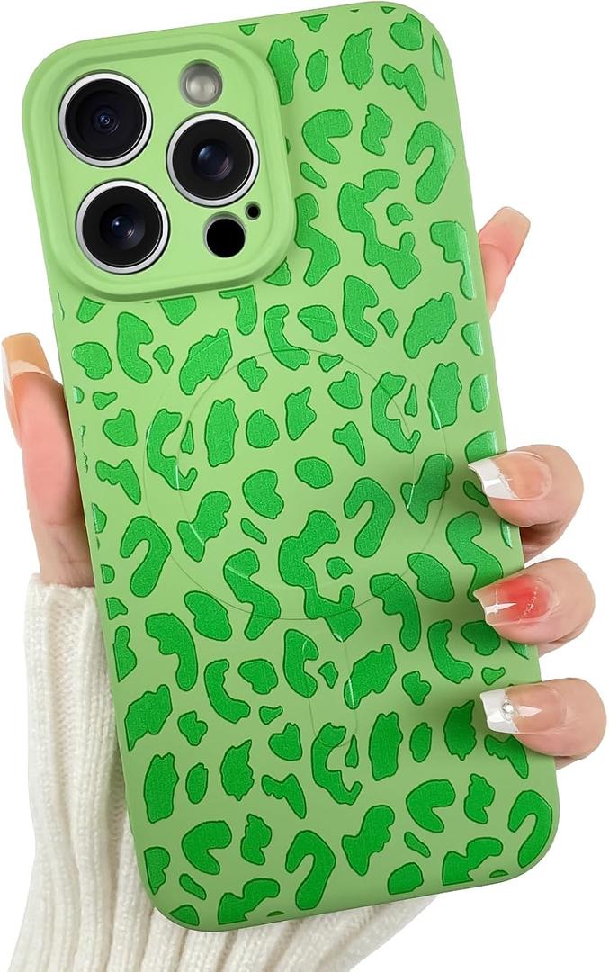 OOK Magnetic for iPhone 16 Pro Case, Silicone Green Leopard Cute Pattern, Compatible with MagSafe Cheetah Print Camera Protection Shockproof Slim Phone Case for 6.3inch, Green