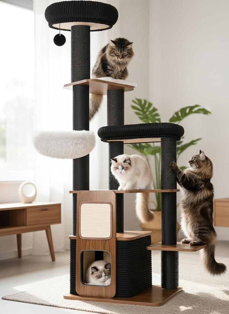 63" Modern Cat Tree Tower for Indoor Cats, Heavy Duty Cat Trees for Large Cat, Adult Maine Coon Cat Tree Tower with Scratching Post, Extra Large Top Perch, Cat Condos, Jet Black