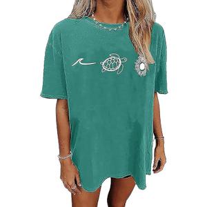 Oversized Graphic Tee Shirt for Women Summer Beach Vacation Clothes Casual Short Sleeve Loose Fit Basic T Shirt Top (Small, Green-2)