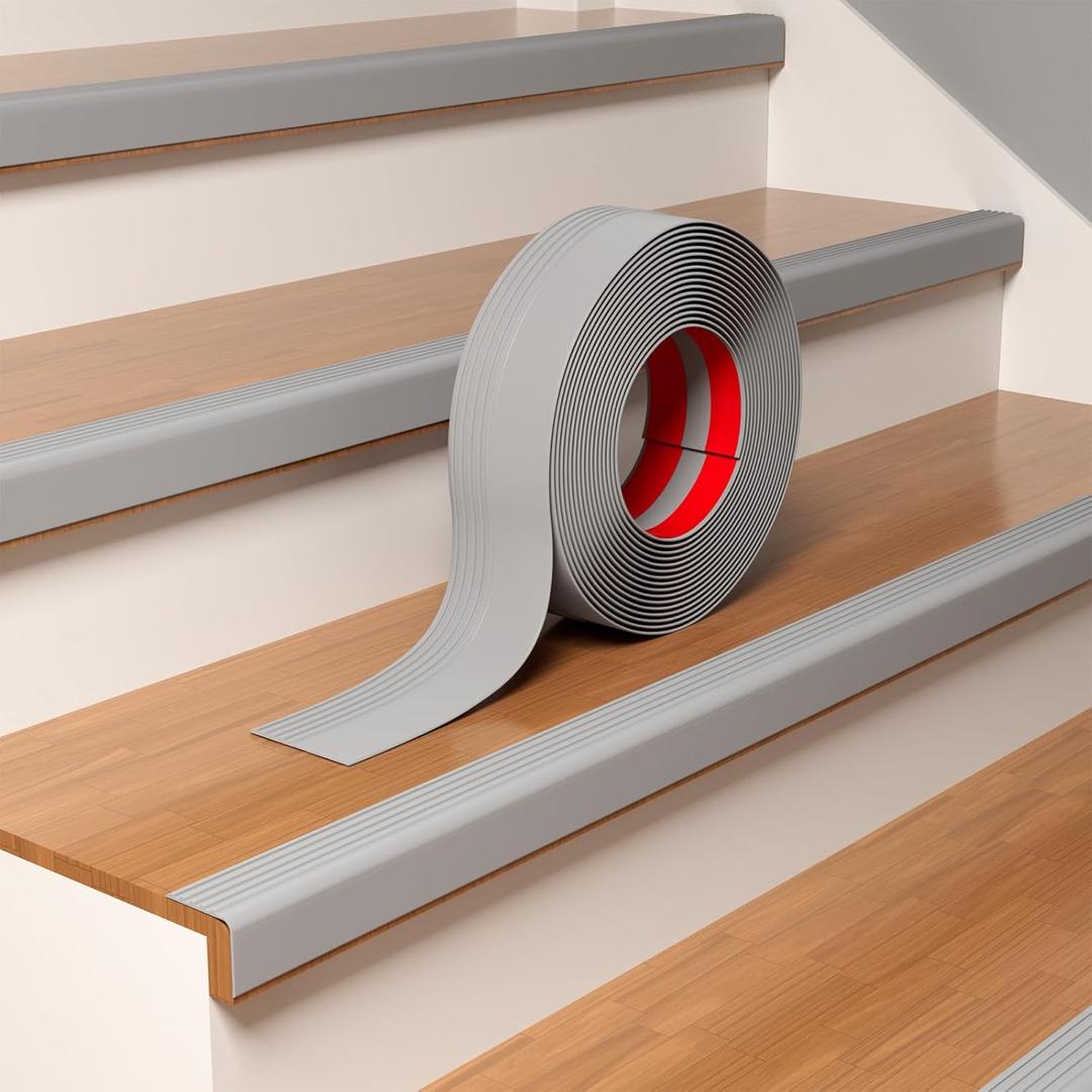 Heavy-Duty Stair Edge Trim, 20FT Vinyl Rubber Stair Nosing, Non-Slip Self Adhesive Stair Edge Protector Suitable for Indoor/Outdoor Stairs, Non-Slip and Waterproof (Gray)
