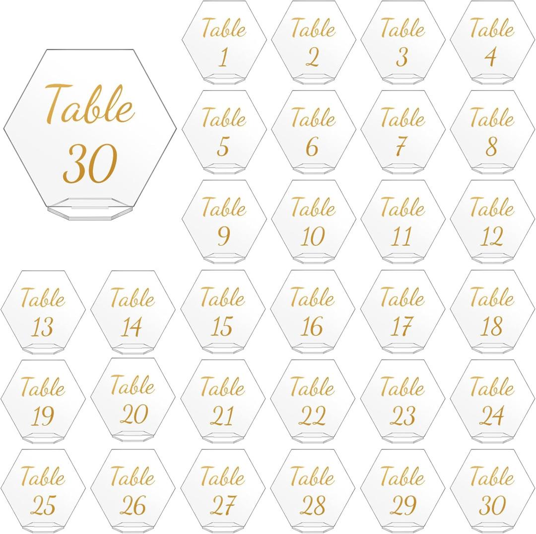 Zhanmai 30 Pcs Acrylic Wedding Table Number 1-30 for Hexagon Table Number Signs 5.5 x 5 Inch Clear Place Cards with Stand for Wedding Reception Events Party Restaurant