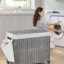 SONGMICS Laundry Hamper with Lid, 42.3 Gallons (160 L), Rolling Laundry Basket with Wheels, 3-Section Synthetic Rattan, Removable Liner, Bedroom, 29.9 x 13 x 26 Inches, Gray ULCB365G01