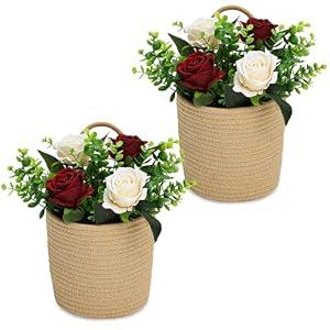 Nagobi Wall Hanging Rope Basket with Artificial Roses and Eucalyptus Farmhouse Decor, 2 Pack Jute Hanging Basket Flower Plants Rustic Wall Decor for Porch Living Room Entryway (Burgundy Champagne)