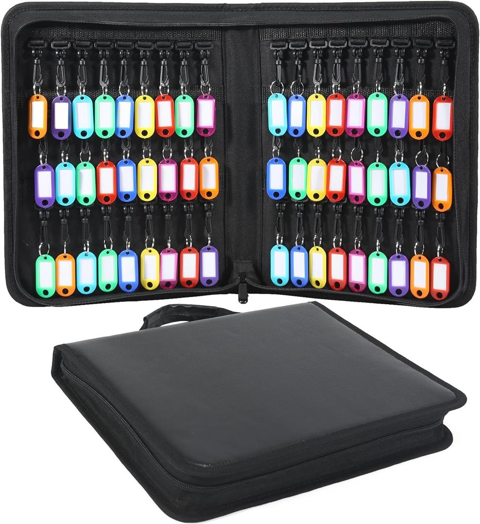 Zippered Key Case, Portable Key Organizer with Handle, Waterproof & Fireproof Key Binder with 54 Hooks and Tags, Key Box Organizer for Estate Sales, Hotel Executives, Landlord, Car Rental (Black)