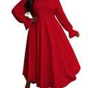 XNMHL Plus Size Church Dresses for Curvy Women Formal Empire Puff Sleeve African Attire Flowy Hem Outfits (Red, XL)