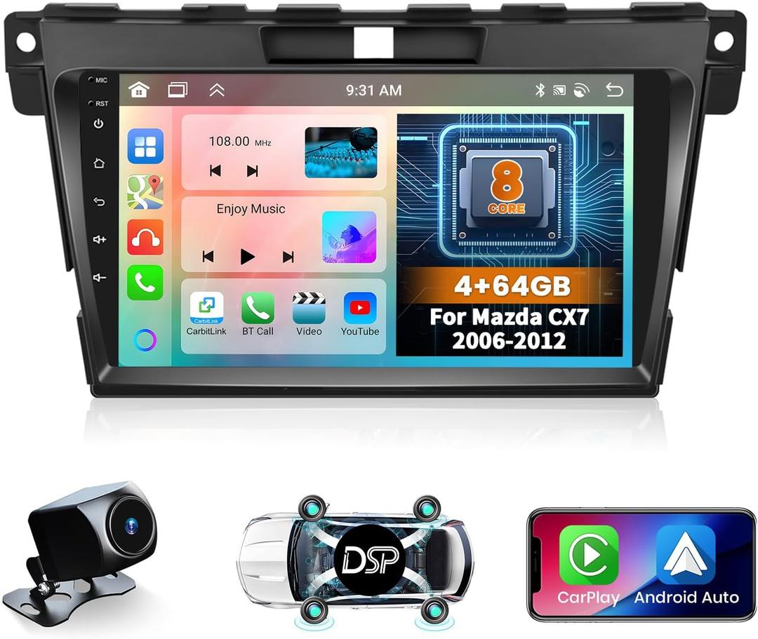 Hikity for Mazda CX7 2006-2012 Radio, 8 Core 4+64GB Android Car Stereo 9 Inch IPS Touchscreen Car Radio with Wireless Carplay Android Auto 59UI GPS WiFi 32EQ DSP Backup Camrea