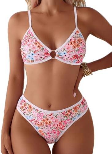 Fanuerg Women's Triangle Bikini Sets O Ring Linked Two Piece Swimsuits Floral Printed Cheeky Bathing Suit, Size Small