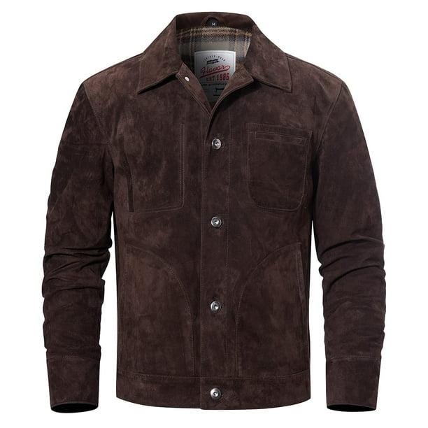 FLAVOR Men's Suede Leather Jacket Trucker Coat (Medium, Dark Brown)