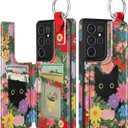Shorogyt for Samsung S21 Ultra Wallet Case with Card Holder - Cute Designer Flower Cat Pattern Kickstand Magnetic Clasp Back Flip Folio Leather Phone Cases for Women Men Girls for Galaxy S21 Ultra