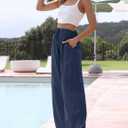 Faleave Women's Cotton Linen Summer Palazzo Pants Flowy Wide Leg Beach Trousers with Pockets (Blue, L)