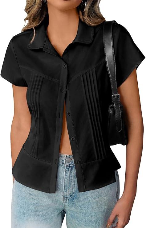 Cicy Bell Womens Short Sleeve Button Down Shirts Pleated Slim Fit Summer Dressy Casual Blouses, L, Black