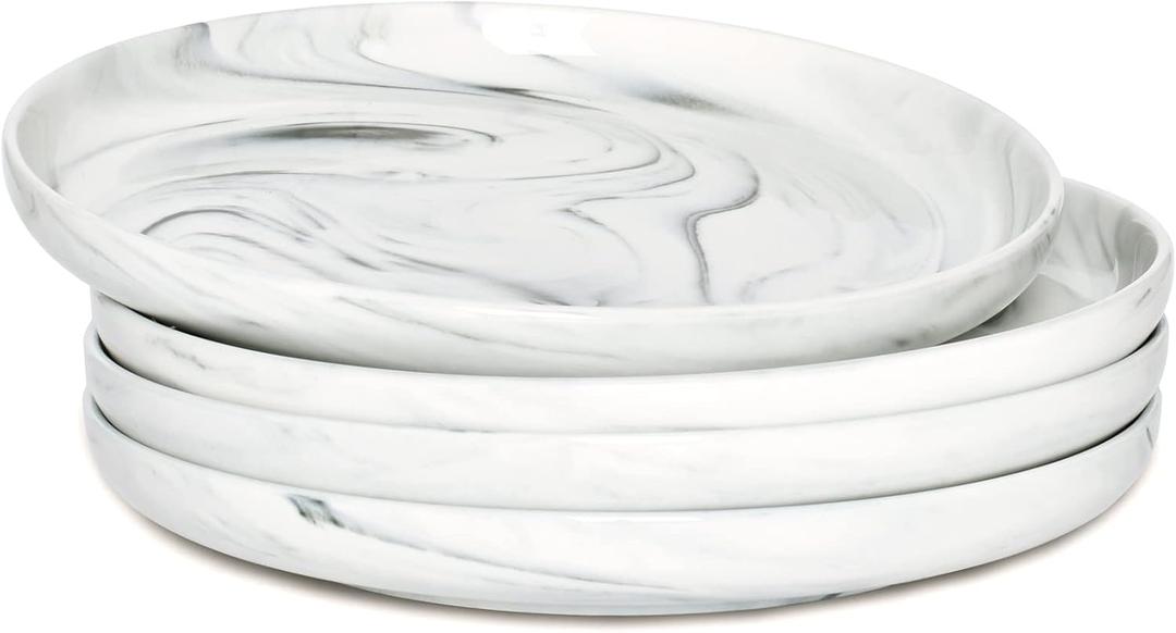 Bosmarlin Marbling Ceramic Rimmed Salad Plates, 8 inches, Set of 4 for Appetizer, Pasta, Dessert, Microwave and Dishwasher Safe (Grey, 8 in) (Gray)