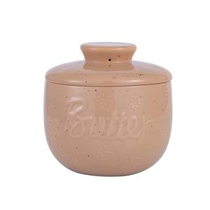 TEATALK French Large Butter Crock, 8oz Ceramic Keeper with Lid, Floral Embossed Butter Dish with Water Line for Soft Spreadable Butter, Brown
