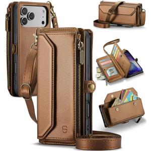 Wallet Case Compatible with iPhone 17 Pro Max 6.9" RFID Blocking 10-Card Holder Soft PU Leather Magnetic Snap Shoulder Strap Zipper Pocket Phone Case Fit for iPhone 17 Pro Max - Brown