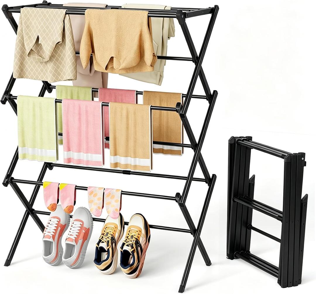 BAKON Clothes Drying Rack Foldable for Small Space, No Installation Required, Rustproof & Extendable Laundry Rack for Indoor & Outdoor Dorm Room Apartments RV, Black, 16.3" to 28.9"