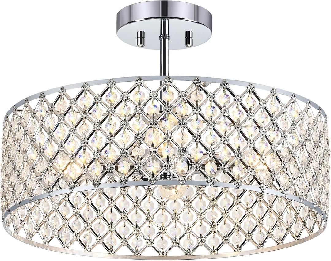 Chrome Crystal Ceiling Light Fixture,4 Light 15.7 in Round Small Chandelier