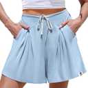 TARSE Linen Shorts for Women Casual Wide Leg High Waisted Shorts Loose Fit Drawstring Summer Beach Skort Pants (Blue, XXL)