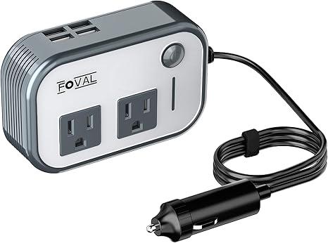 200W Car Power Inverter, FOVAL 12V DC to 110V AC Car Inverte with 4 USB Ports Car Outlet Adapter, Power Inverter for Vehicles, Car Plug Adapter Outlet for Laptop Computer Charger (Gray)