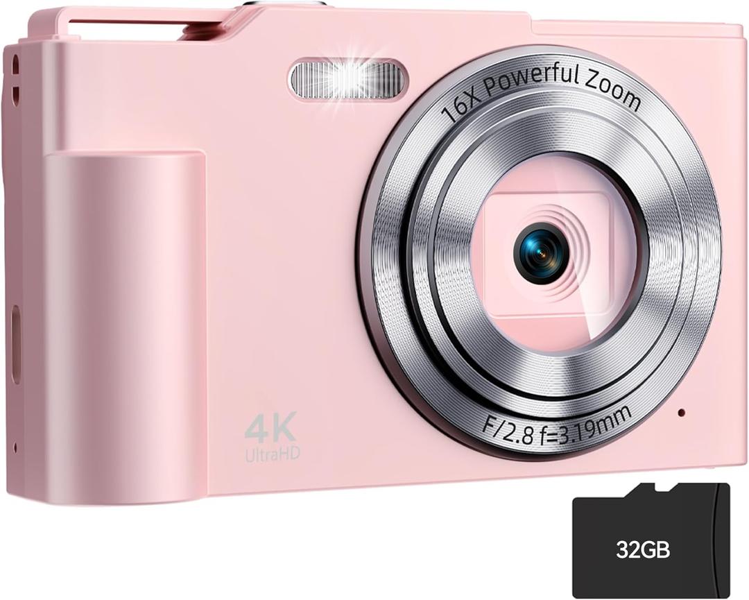 Digital Camera, FHD 4K Digital Point and Shoot Camera with 16X Zoom Anti Shake, 48MP Compact Small Camera with 32GB Card for Boys Girls Kids Shell Pink