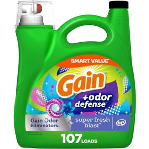 Gain + Odor Defense Liquid Laundry Detergent, Super Fresh Blast Scent, 107 Loads, HE Compatible Washing Soap 