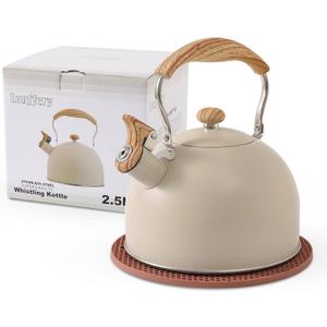 LONFFERY Tea Kettle for Stove Top, 2.5 Quart Whistling Tea Kettle, with Food Grade Stainless Steel and Wood Pattern Folding Handle, Creamy White
