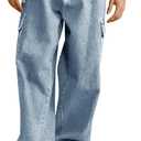Haloumoning Boys Cargo Baggy Pants Elastic Waist Wide Leg Jeans Casual Demin Pants with Pockets 5-14 Years , 10-12 Years, Light Blue