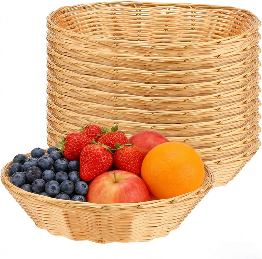 15 Pack 9 Inch Plastic Oval Bread Baskets, Wicker Bread Baskets, Yellow Food Storage Basket for Serving Vegetables, Fruit