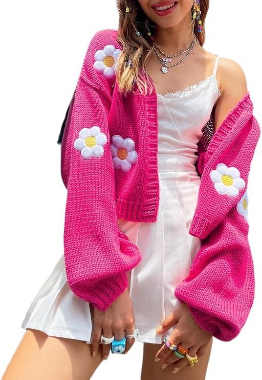 Womens Floral Cardigan Sweaters Long Sleeve Open Front Y2K Cropped Knit Cardigan 90s Aesthetic Shrug Back to College Outfits Magenta S