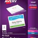 Avery Customizable Name Badges, Pin Style, 3" x 4", Clear Name Tag Holders, White Laser/Inkjet Printable Inserts, 100 Total (74540)