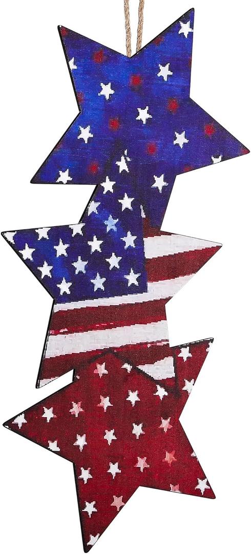 4th of July Hanging Door Sign Wooden Double Sided Patriotic Door Hanger Fourth of July Patriotic Stars USA Stars Porch Signs Independence Day Wall Hanging Memorial Day Hanger for Home Decor