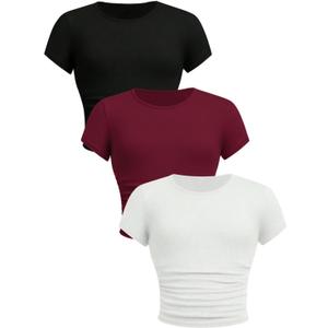 SOLY HUX Girl's Basic Crop Top Set Crew Neck Short Sleeve T-Shirts 3 Packs Casual Summer Fitted Tees 11 Years, White Black Burgundy