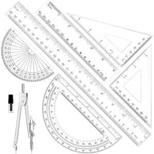 Geometry Set - 7Pcs Geometry Kit with Clear Plastic Ruler 12Inch & 6Inch, Triangle Ruler, Protractor and Compass Set for School Office Math Drawing Drafting Engineering Architecture Art
