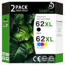 62XL High Yield Ink Cartridges Combo Pack (1 Black/ 1 Tri-Color 2-Pack) Compatible for HP 62XL 62 Replacement for HP Envy 5540 5640 5660 7644 OfficeJet 5740 5741 8040 200 250 Series Printers