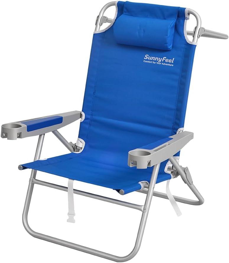 SUNNYFEEL Backpack Beach Chairs for Adults, Mid-Height 5-Position Reclining | 180 Lay Flat Oversized Folding Portable Beach Chair with Cup Holder Towel Bar Heavy Duty for Beach/Lawn/Outdoor/Camping