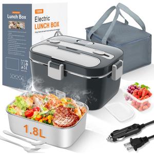 DUPASU Electric Lunch Box Food Warmer: 100W Heated Lunch Box for Adults, 1.8L Portable Fast Heating Lunchbox Food Heater for Car, Truck, Work, Travel, Lunch Box Electric Portable 12/24V/110-230V (Light Grey+Charcoal Grey)