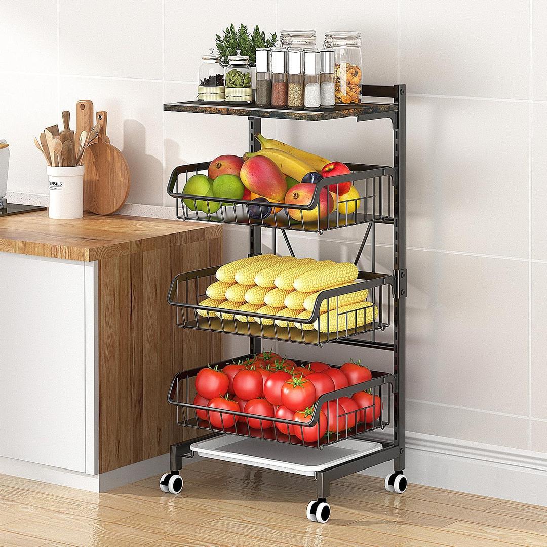 4-Tier Kitchen Snack Cart with Wheels  Versatile Rolling Storage Cart for Pantry, Utility Rooms  Adjustable Metal Wire Fruit & Vegetable Basket Rack (Black with Wooden top, 4-Tier)