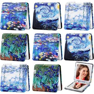 8 Pcs Compact Mirror Double Sided Makeup Square PU Leather Portable Pocket Hand Mirror Bulk with 2X1X Magnification Art Gift for Woman