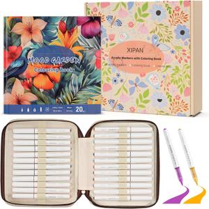 XIAPN 36 Acrylic Paint Markers with Coloring Book | With Canvas Bag and Mood Garden Coloring Book, Brush Tip Markers for DIY Art & Crafts -Fabric, Rock, Wood, Glass, Metal