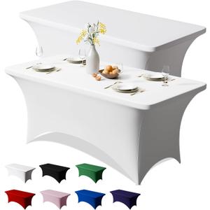 Trlyc 2 Pack 6FT Spandex Table Cloth - 72 x 30 Inch Rectangular Stretch Tablecloth, Wrinkle Resistant Scretch Table Cover for Wedding, Party, Banquet, Picnic, Outdoor Decoration (2Pcs,White)