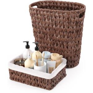 Bathroom Trash Can with Wicker Storage Baskets,12 Liter/3.2Gallon Small Trash Can Handwoven Waste Basket Narrow Small Garbage Can for Bedroom, Bathroom,Office