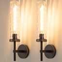 19.5" Knurled Brass Wall Sconces Set of 2, Black Gold Bathroom Vanity Light Fixtures with Water Ripples Glass Tube, Modern Lamp Lighting for Bedroom, Living Room, Hallway, Staircase, Mirror, Kitchen