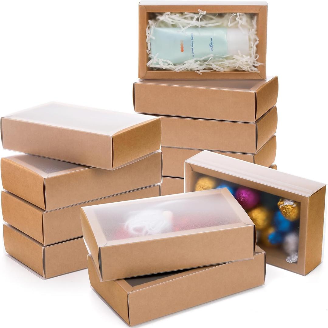 Kingrol 40 Pack Kraft Paper Drawer Boxes with Window, 6.75 x 4 x 1.5 Inch Clear Cookies Boxes, Small Packaging Box for Bakery, Soap, Party Favors
