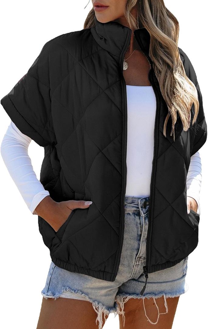 SHEWIN Quilted Jackets For Women 2025 Casual Lightweight Short Sleeve Zip Up Warm Vests (X-Large, Black)