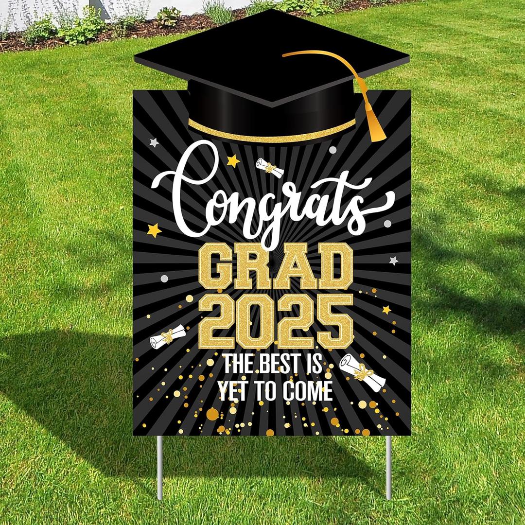KatchOn, Congrats Grad Yard Sign - 16x10 Inches | Black and Gold Class of 2025 Congrats Yard Sign | Graduation Party Decoration | Congrats Grad Lawn Signs for Graduation Decorations 2025