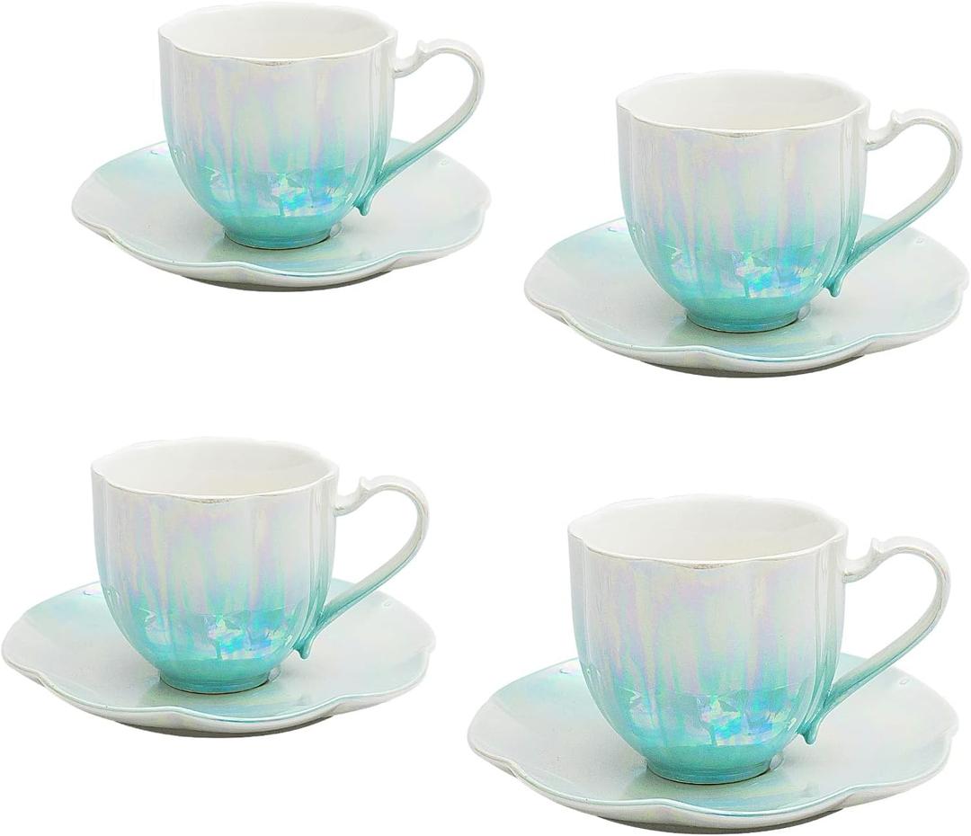 tea cup set ceramic tea cups and saucers set of 4 for Coffee, Cappuccino, Latte,Cafe Mocha, Americano and Tea Porcelain Mugs 6.7 Ounce for Kitchen or Cafe (Green)