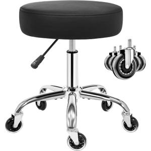 ANWBROAD Round Rolling Stool with Wheels Height Adjustment 360 Swivel Stool Heavy Duty Wide Chair PU Leather Soft Seat Cushion for Massage, Salon, Bar, Home, Office, Tatoo, Medical, Black UWSC001B