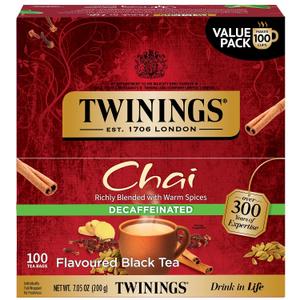 Twinings Decaffeinated Chai Spiced Black Tea Bags, 100 CT Box (1 Pack) | Sweet & Savoury Cinnamon, Ginger, Cardamom & Clove, Blended With Decaf Black Tea, 100 Foil Lined Individually Wrapped Bags (EXP 10/18/28)