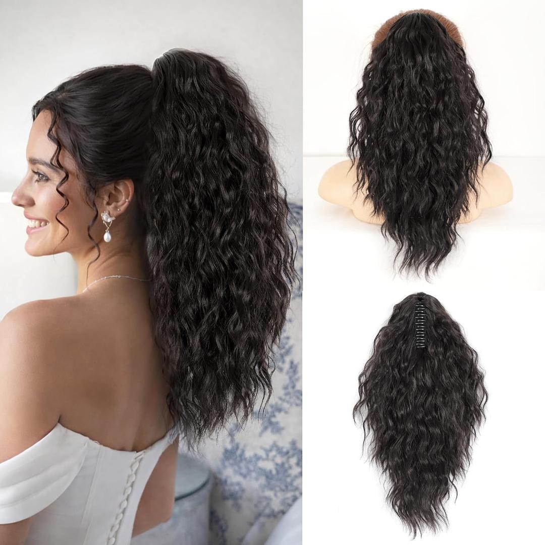 Isaic 18 Inch Claw Clip Ponytail Extension Volumizing Wavy Hairpiece for Thin Hair, Natural Looking Synthetic Ponytail for Daily Use (Black Brown)